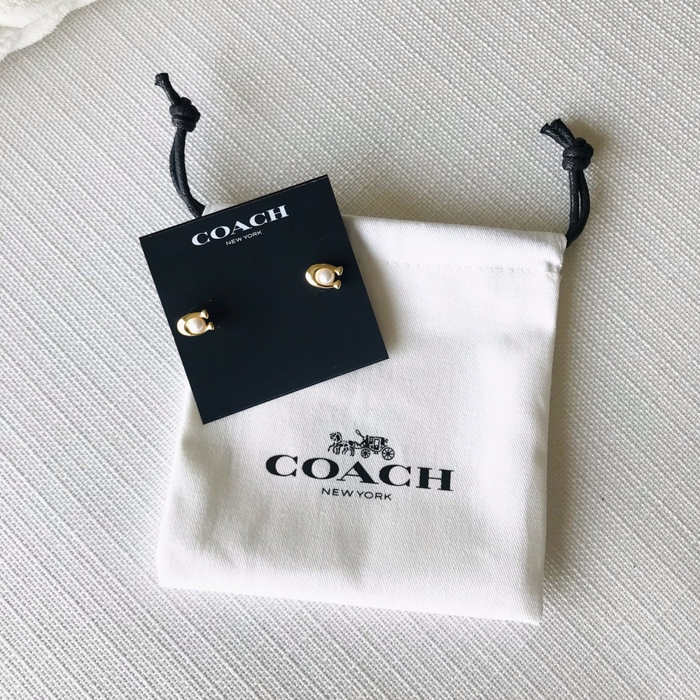 Coach Faux Pearl Gold C Stud Earrings, NWT - Picture 14 of 14